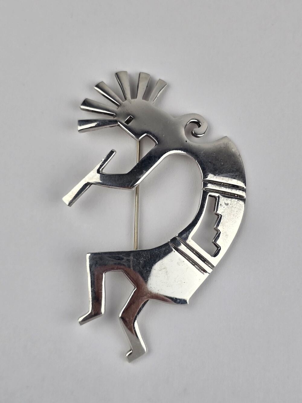 Solid Sterling Silver Kokopelli Brooch Large 3" tall 19.3g Marked "Sterling"